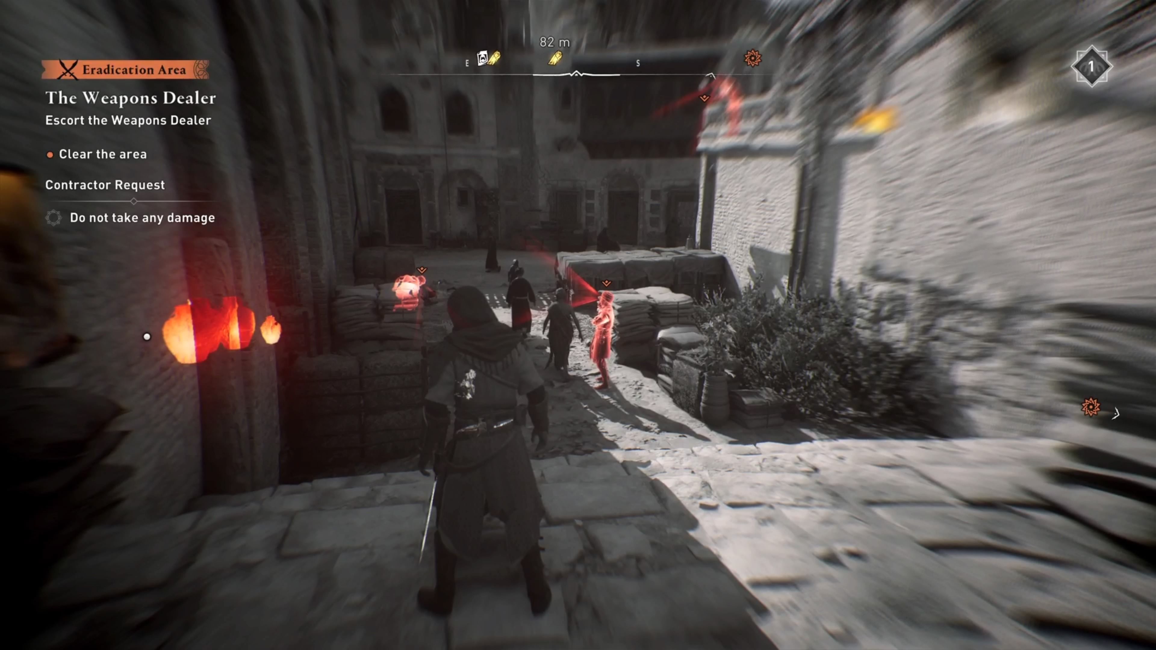 Basim's first interaction with guards in The Weapons Dealer contract