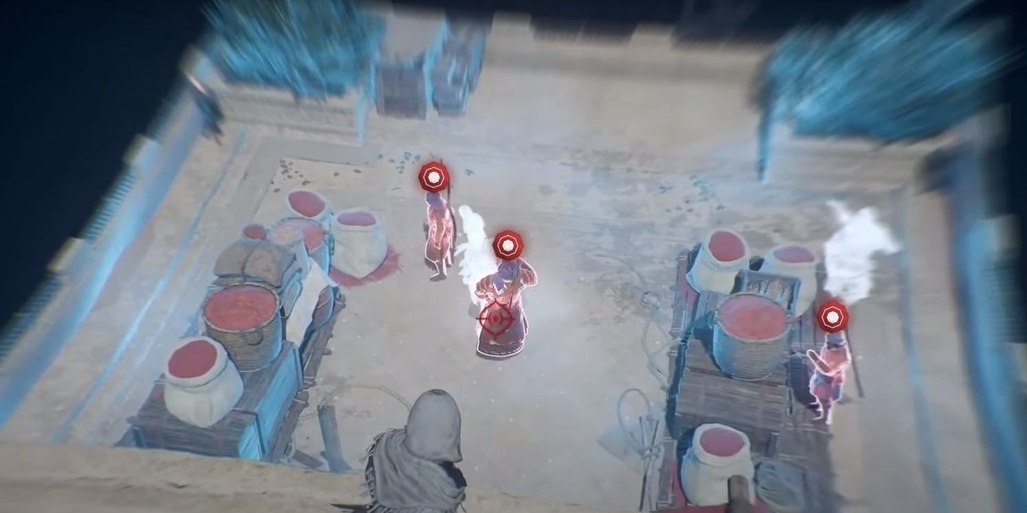 Basim using teleporting ability on three guards assassins creed mirage