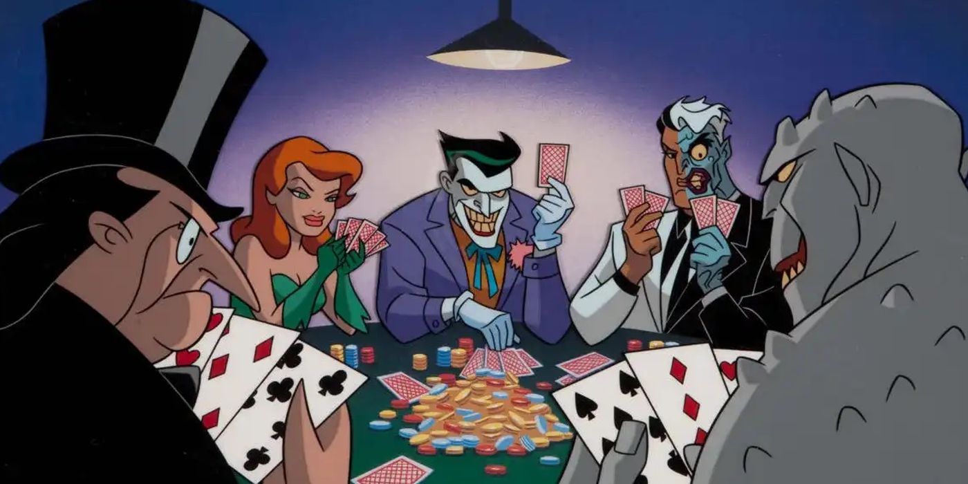 Joker, Killer Croc, Penguin, Poison Ivy, and Two-Face Around Poker Table