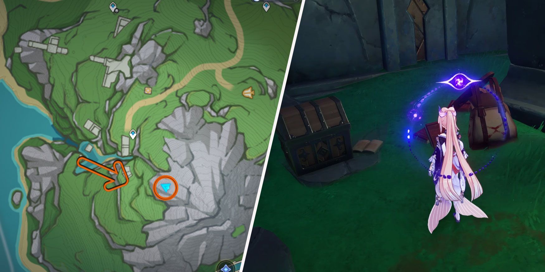  An image split in two. On the left there is a map of the Beryl Region with an arrow pointing to the entrance of a cave and a circle marking the location of a chest. On the right Genshin Impact's Sangonomiya Kokomi is seen standing in front of a chest and an adventurer's backpack.