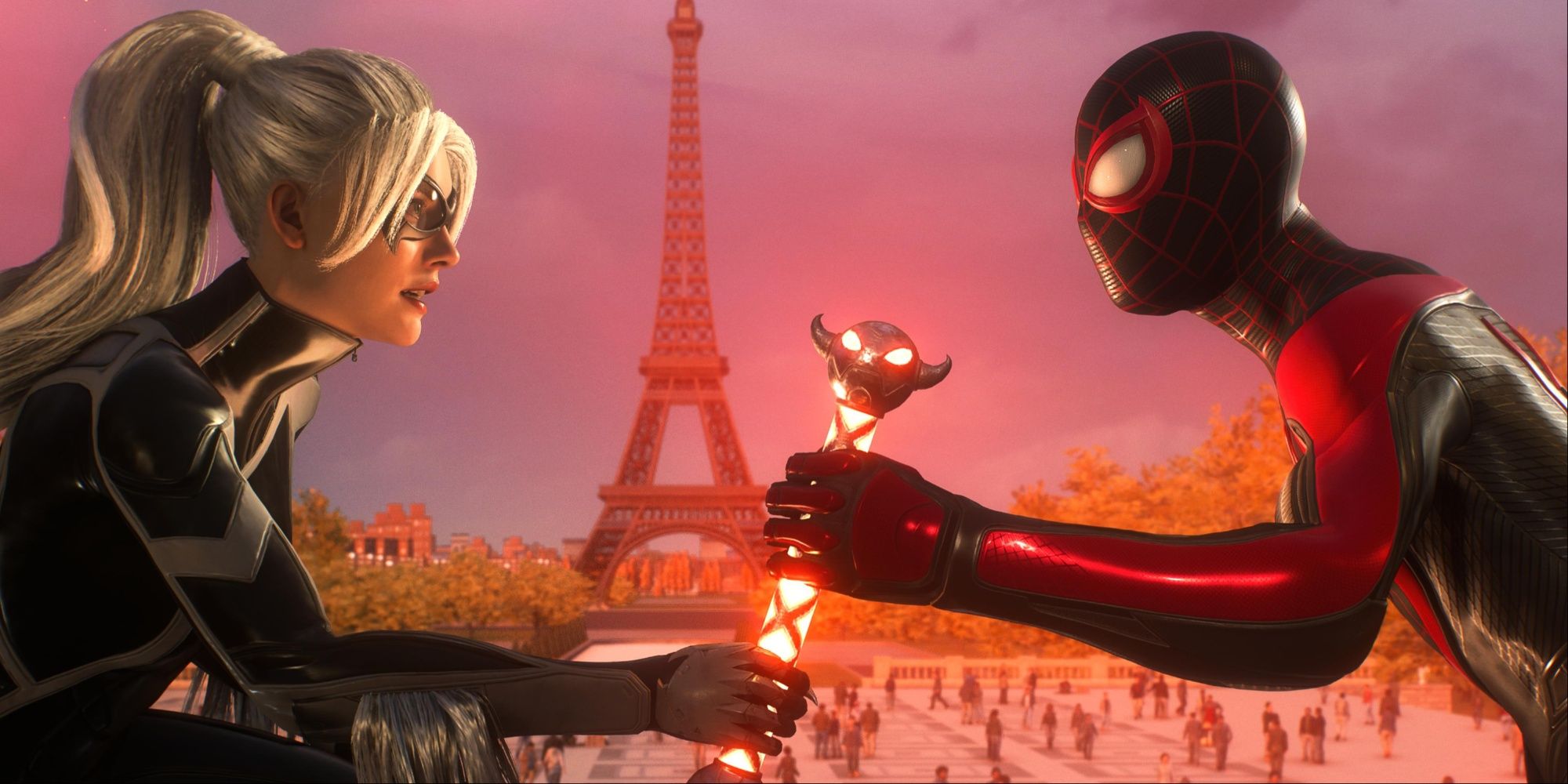 Felicia Hardy/Black Cat and Spider-Man/Miles using a magic wand in Marvel's Spider-Man 2