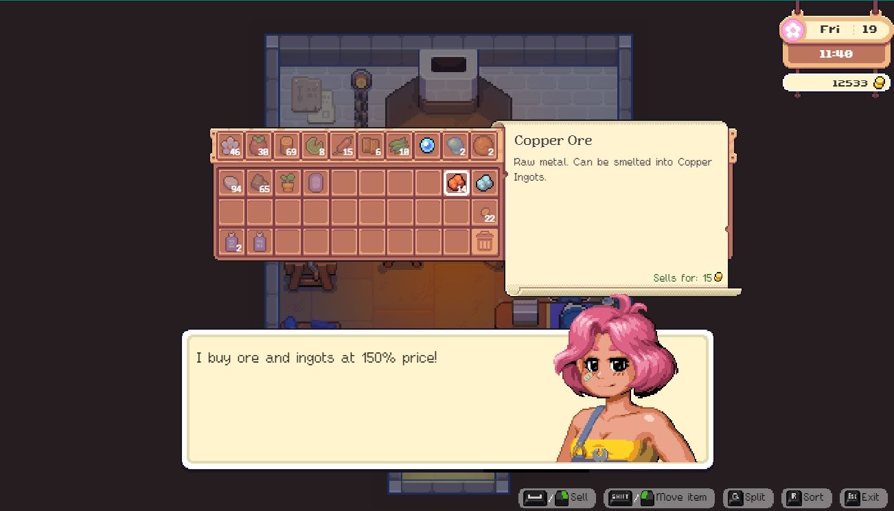 Player character speaking to the pink haired blacksmith Ferra and hovering over a small stack of Copper Ore in her sell inventory in Moonstone Island.