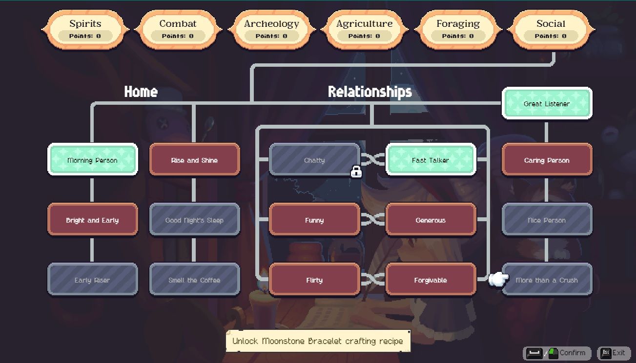 Player character in the Social skill tree menu and showing the tab required to unlock the Moonstone Bracelet in Moonstone Island. 