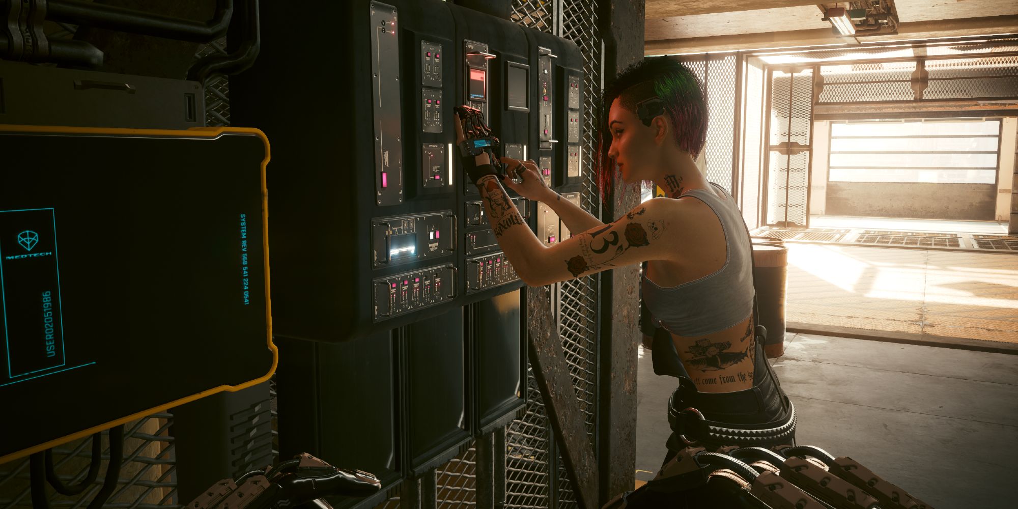 Judy manipulating a console in Cyberpunk 2077.