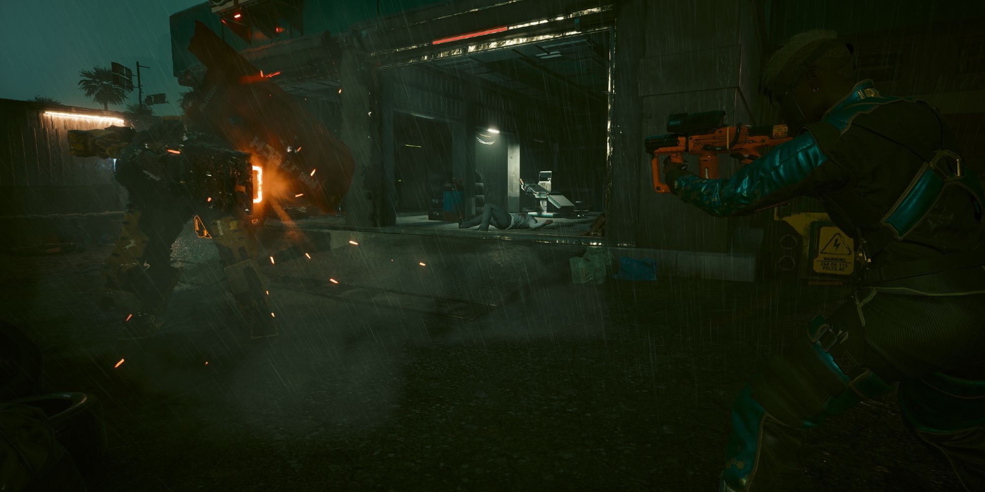 V fighting against cyberpsycho Chase Coley, who pilots a mecha suit in Cyberpunk 2077.