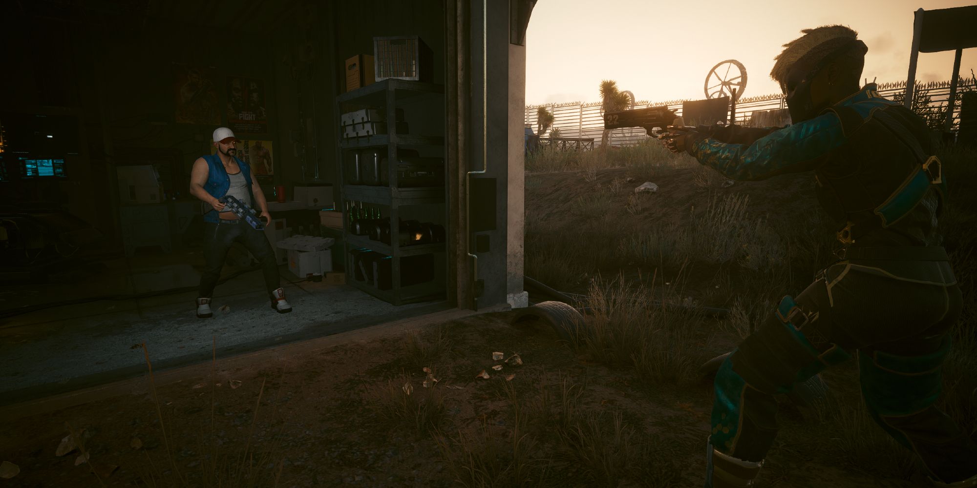 V aiming their gun at cyberpsycho Russel Greene in Cyberpunk 2077.