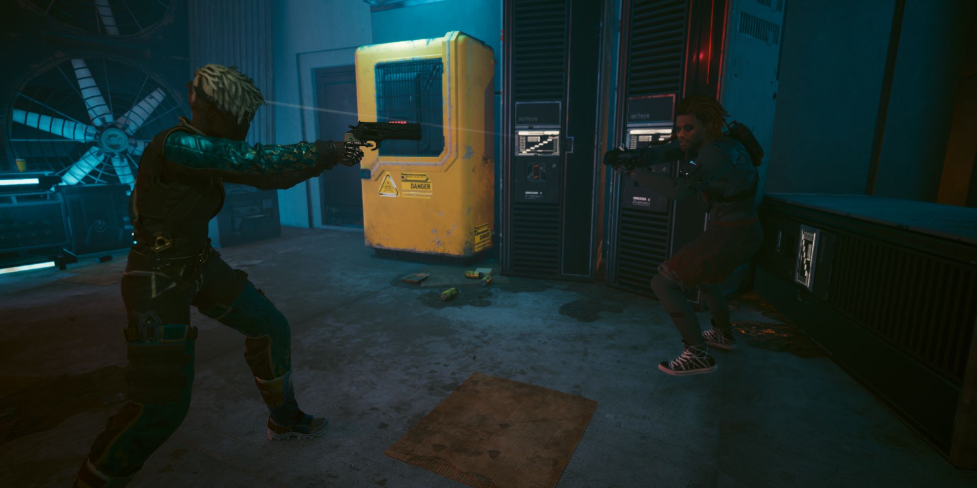 V shooting at cyberpsycho Ben Debaillon in Cyberpunk 2077.