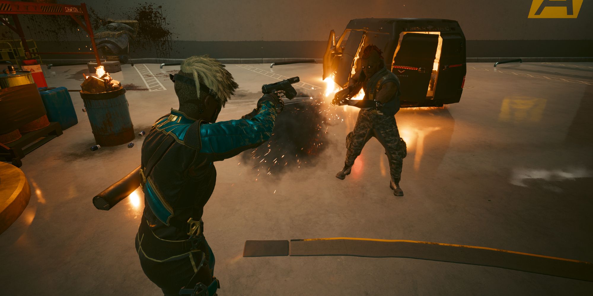 V fighting against Cedric Muller in Cyberpunk 2077.