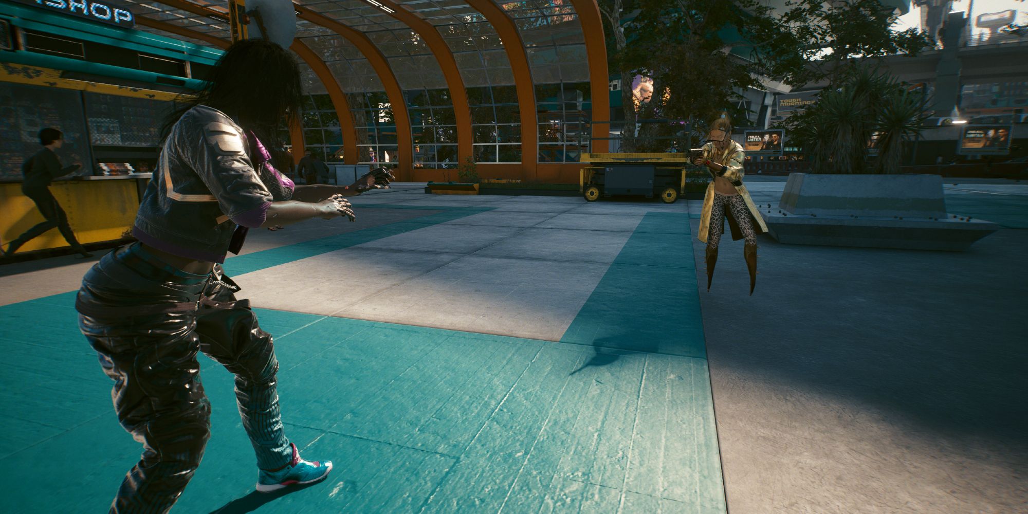 V confronting an aggressive cyberpsycho near the coast in Cyberpunk 2077.