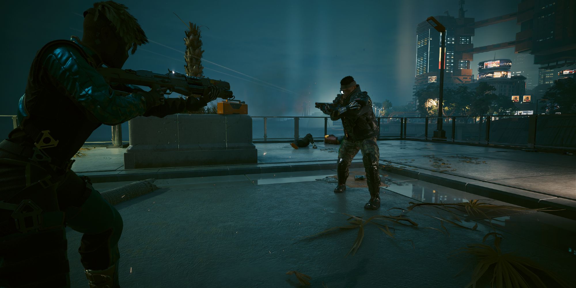 V fighting against cyberpsycho Diego Ramirez in Cyberpunk 2077.