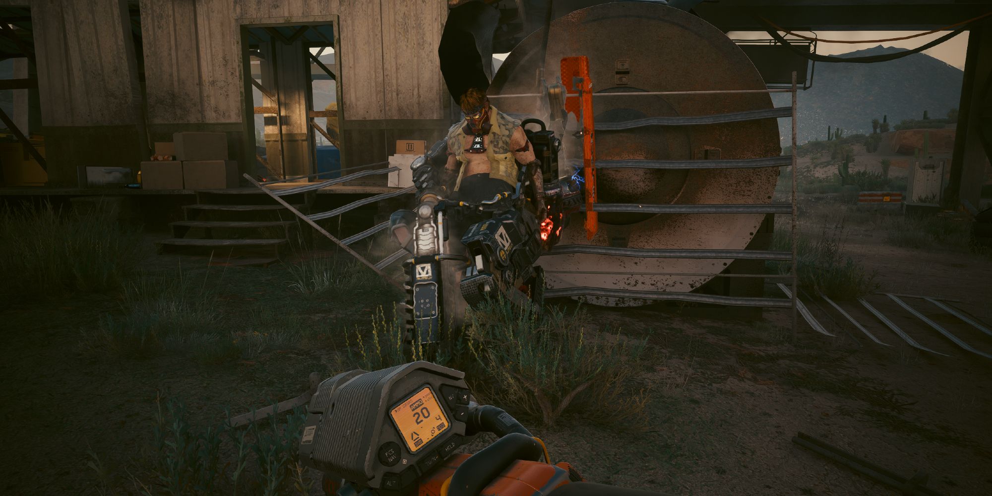 V looking at the cyberpsycho Euralio Alma in Cyberpunk 2077.