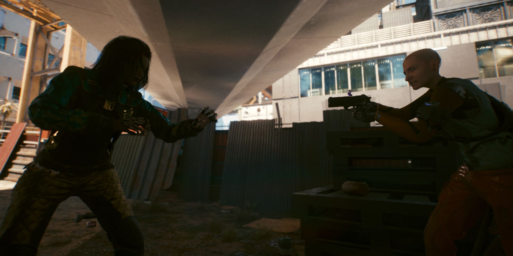 V fighting against cyberpsycho Tamara Cosby in Cyberpunk 2077.