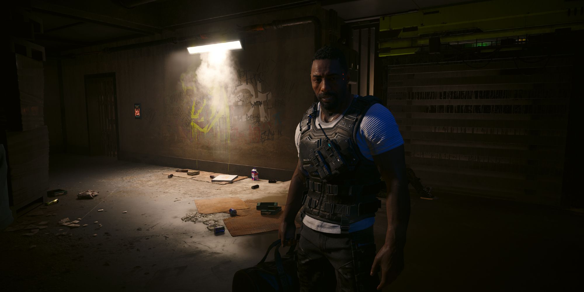 Solomon Reed in combat gear holding a bag in Cyberpunk 2077.