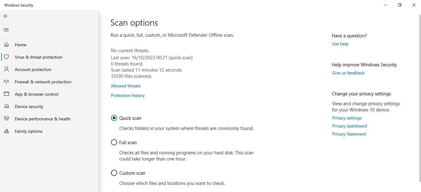 Windows Security scan options