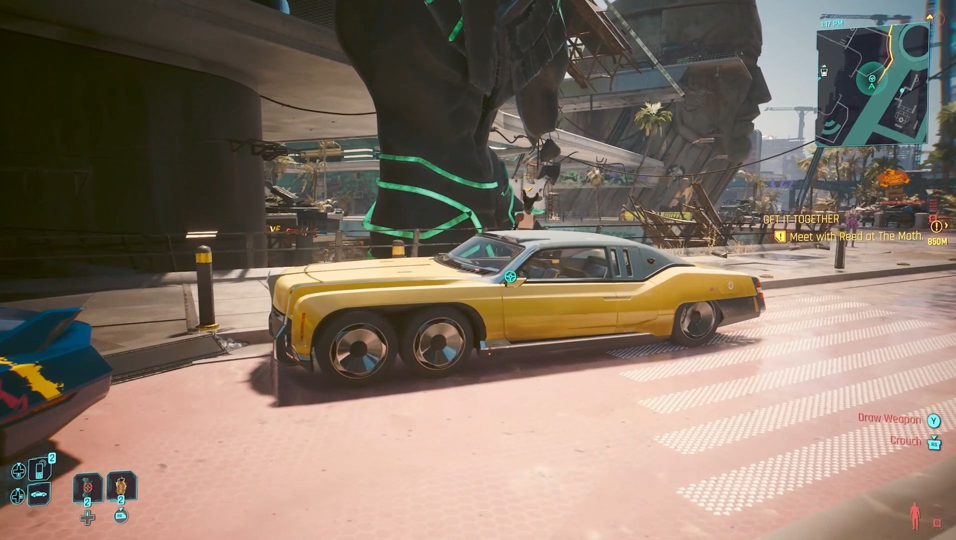 Cyberpunk 2077 Phantom Liberty Screenshot Of Yellow Car With Blue Steering Wheel Logo On It