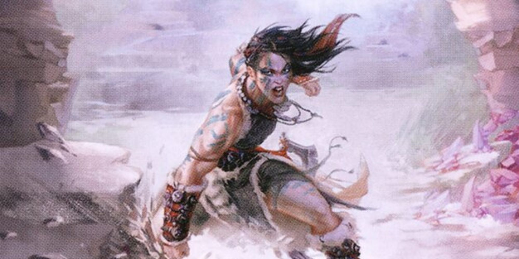 A human barbarian charging forward in a cavern