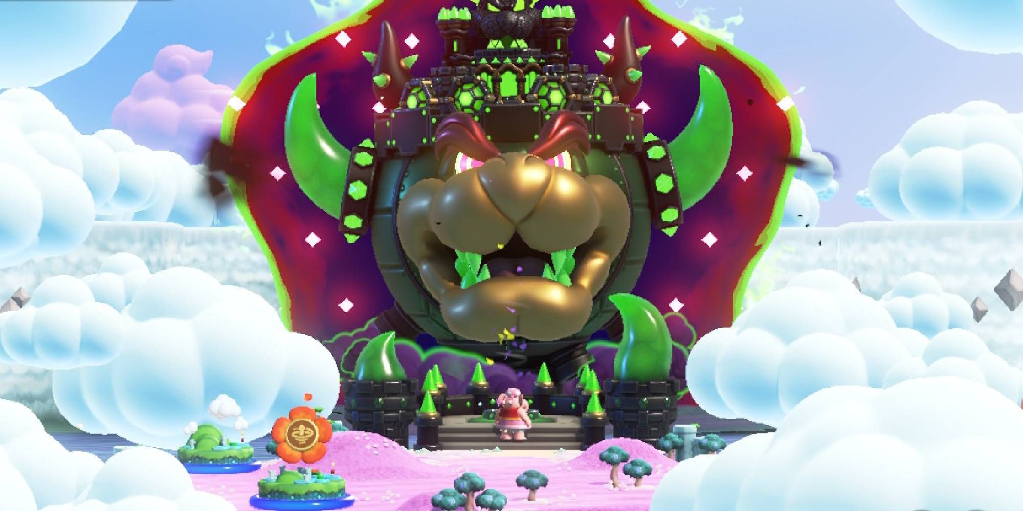 elephant toadette standing at the entrance of castle bowser mario wonder