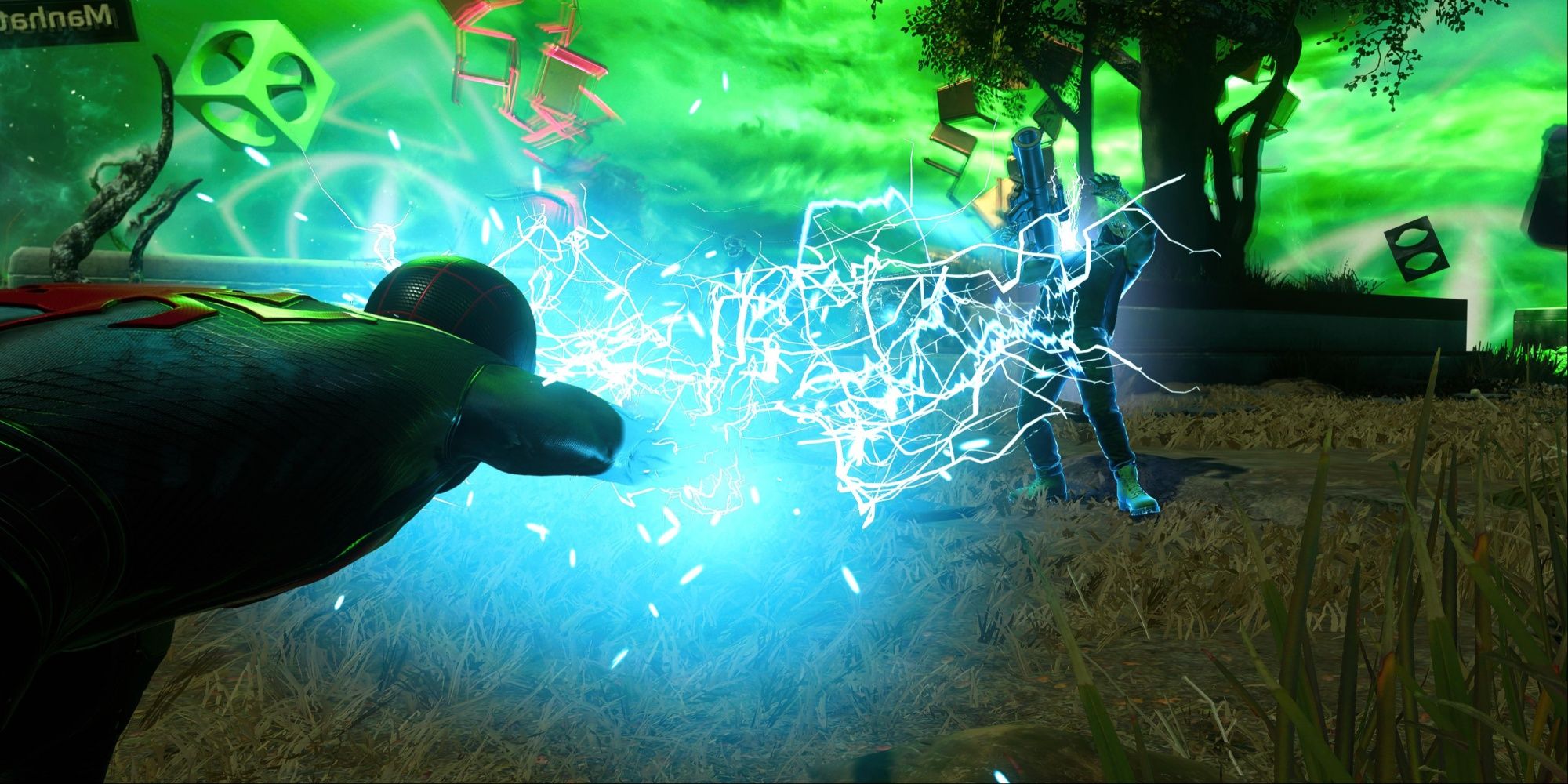 Miles performing the Chain Lightning ability from Marvel's Spider-Man 2