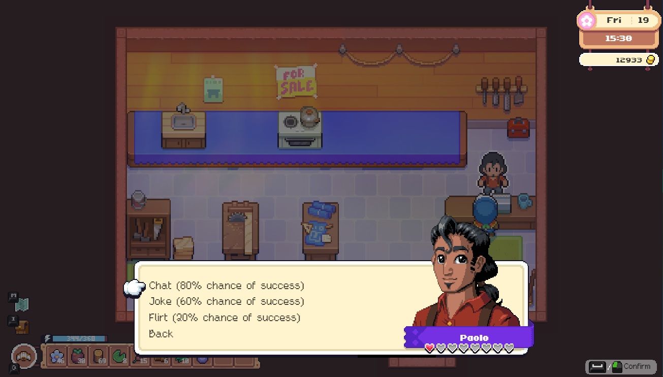 Player character talking to Paolo in his furniture shop and deciding between the chat, joke, and flirt dialogue options in Moonstone Island.