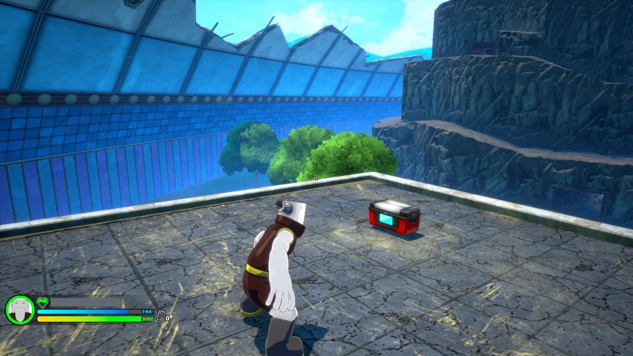 Cementoss near a closed chest on top of a skyscraper.