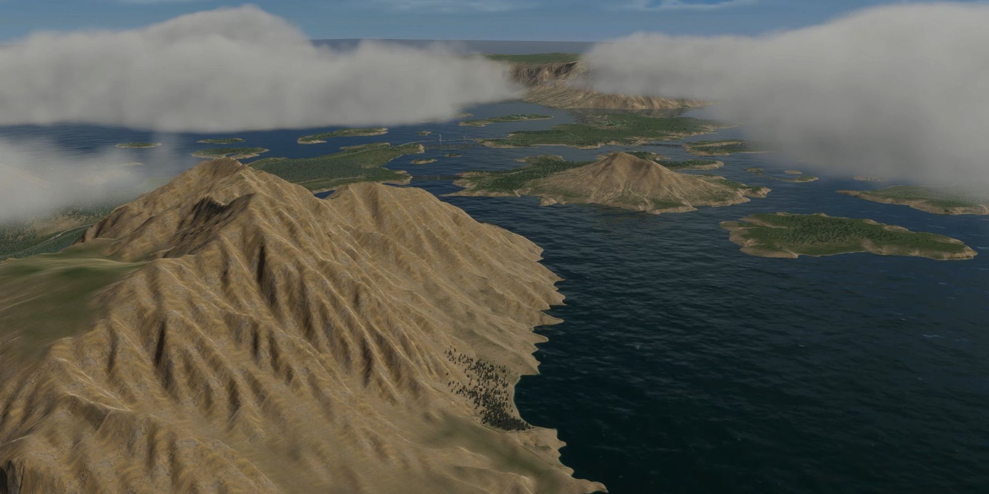 An image from Cities Skylines 2 of the Archipelago Haven map, which is made up of a bunch of smaller islands that have various levels of elevation.