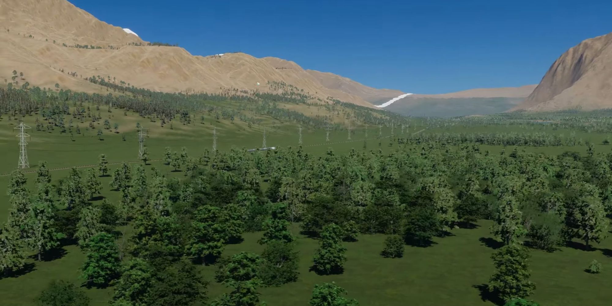 An image from Cities Skylines 2 of the Mountain Village map, which features extremely rough terrain and tall mountains. 