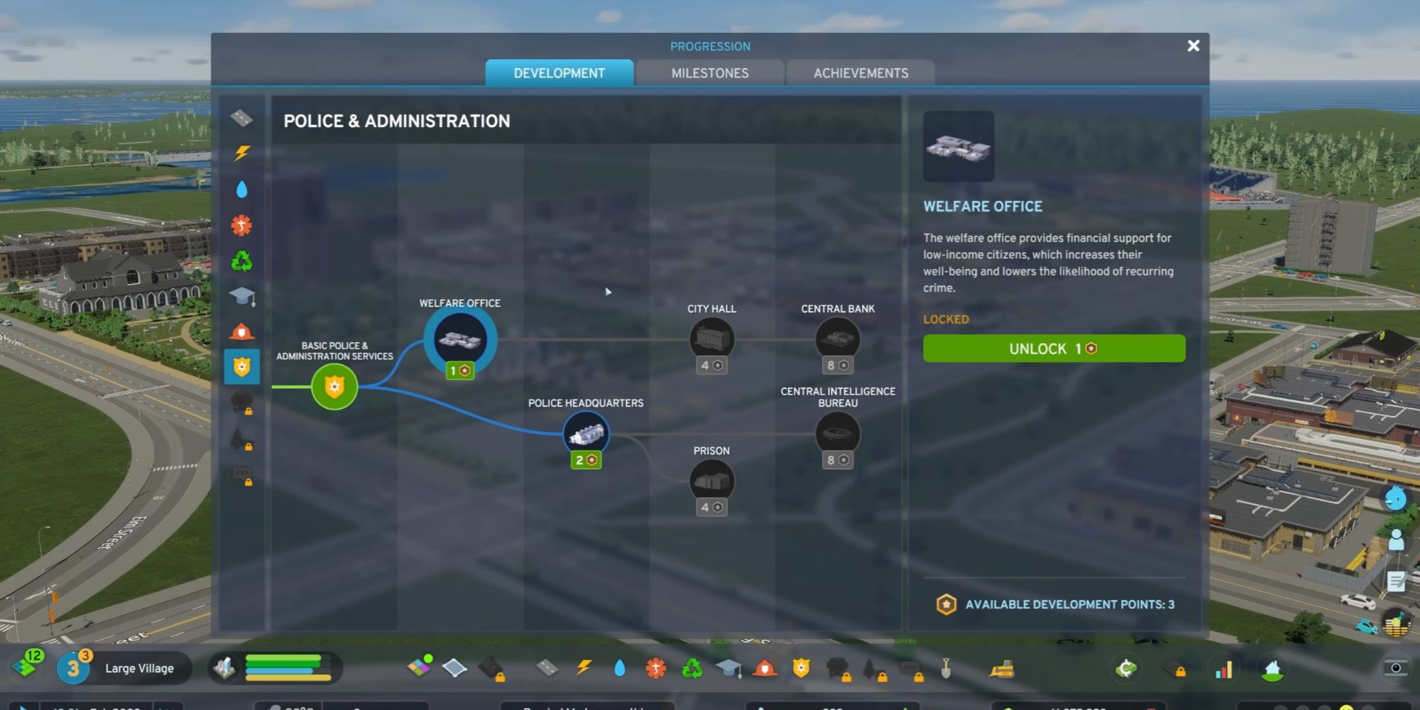 An image from Cities: Skylines 2 of the Police and Administration tab in the Development Tree