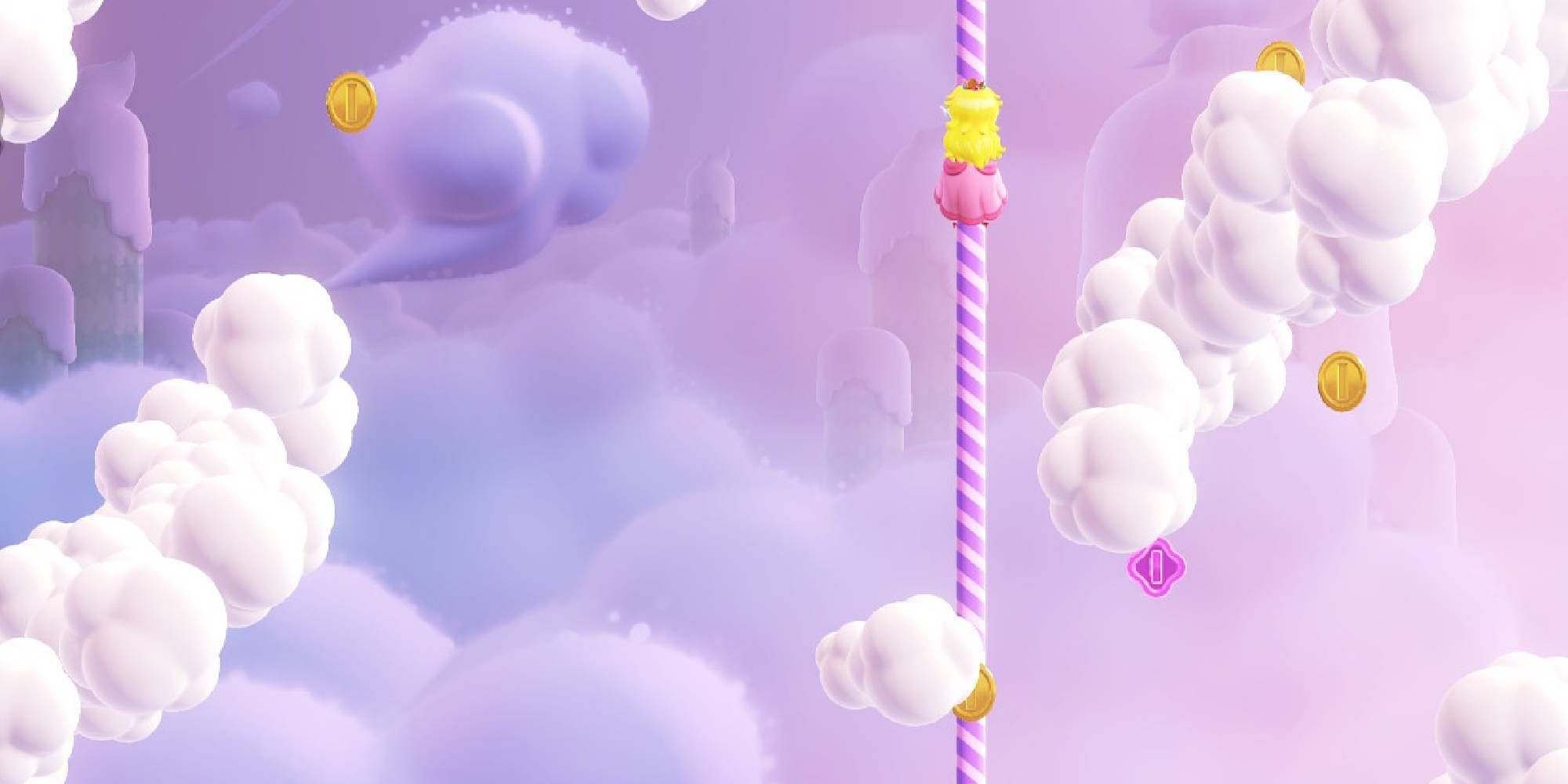 mario wonder peach climbing surrounded by coins and clouds