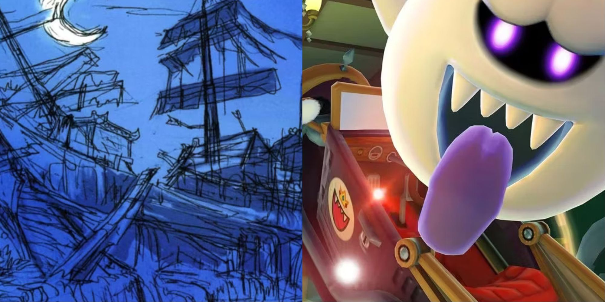 A collage showing a ship from Okami and a kart from Mario Kart.