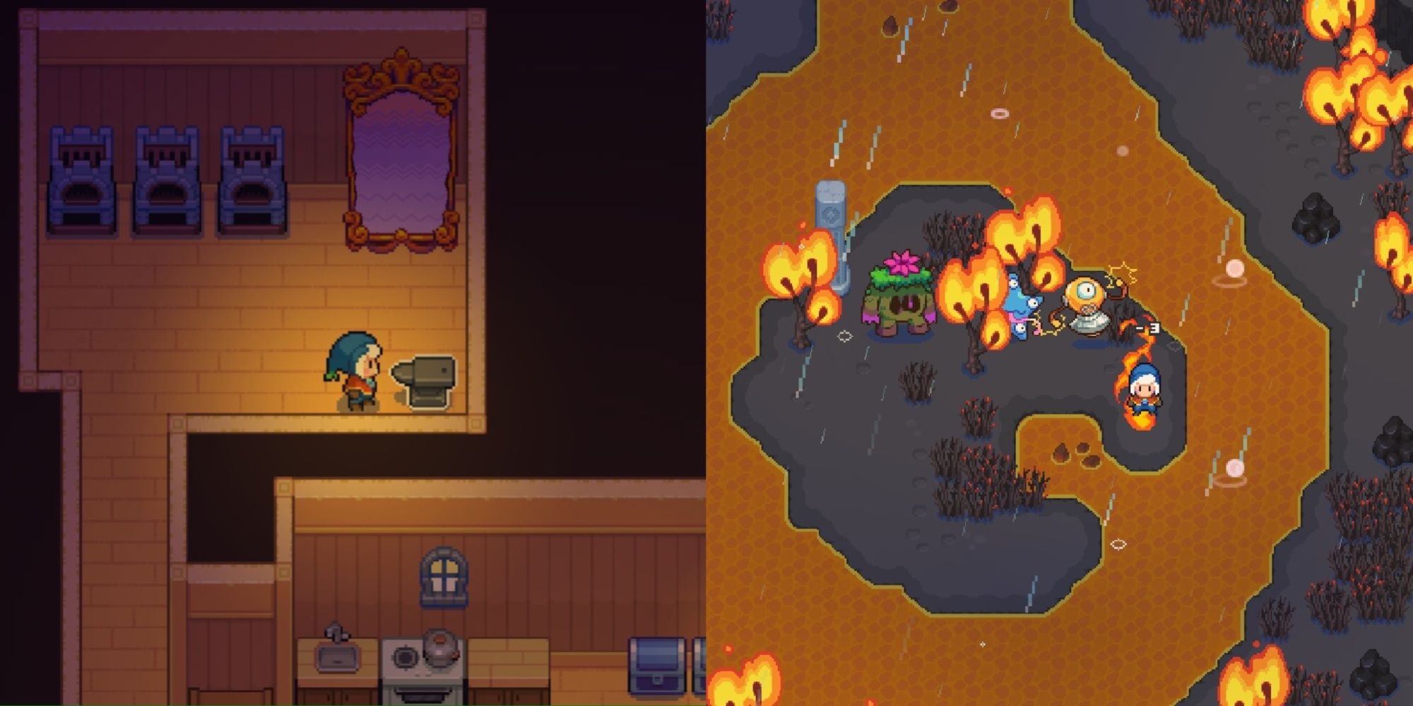 Split image featuring the player character standing next to an anvil in a north wing room in their home and the player character and three spirits on a Fire element Island in Moonstone Island.