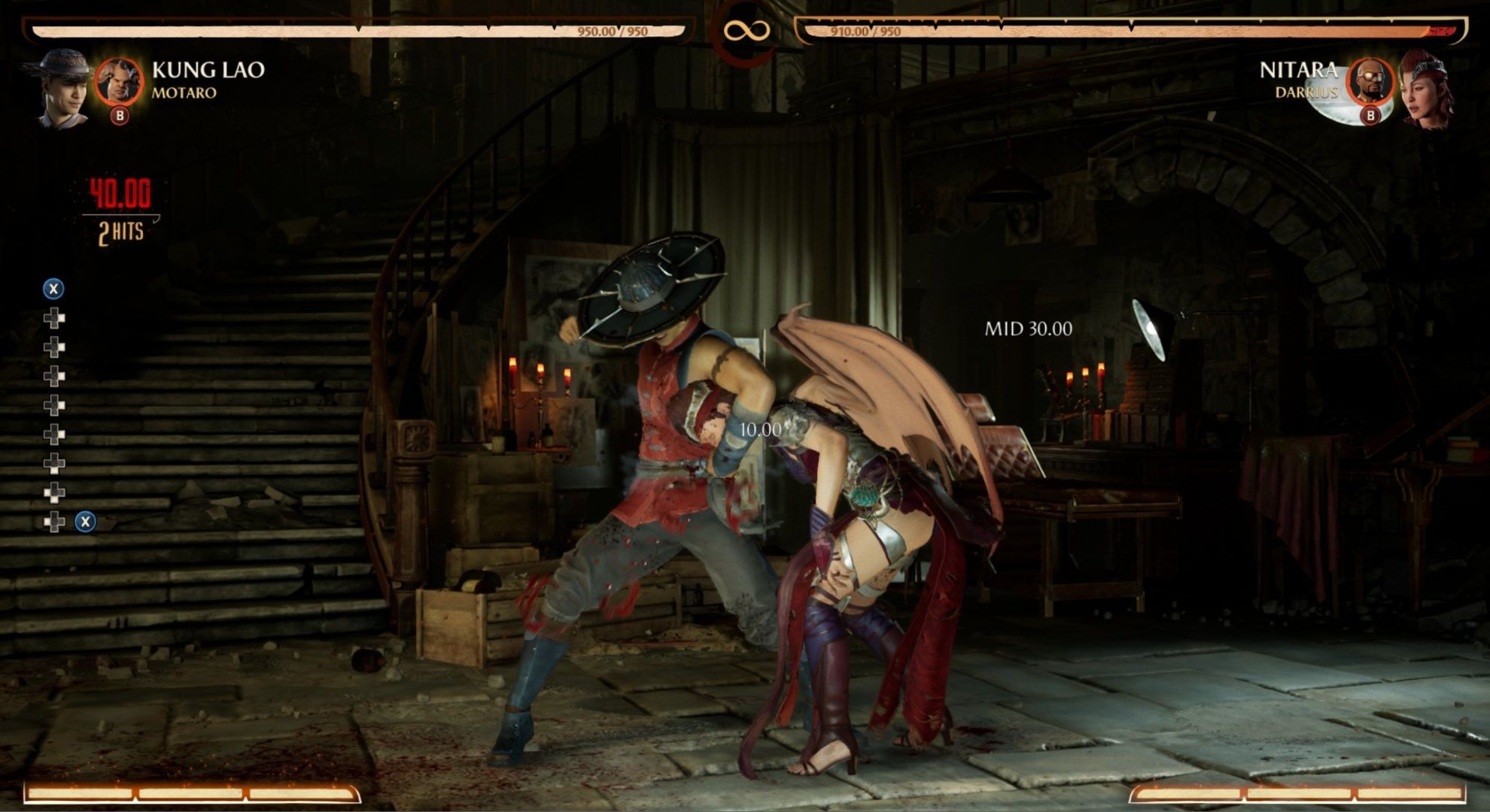 Kung Lao using his Kung-Kussion move against Nitara in Mortal Kombat 1.