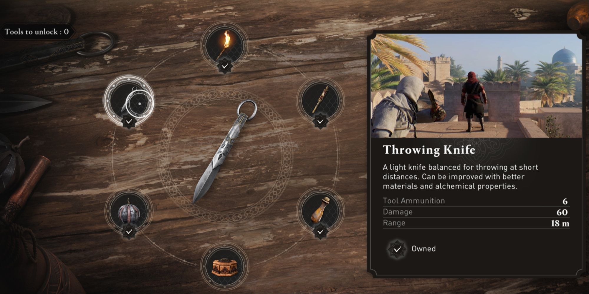 The throwing knife tool in the center of the wheel from the merchant menu in AC Mirage, with the graphic and item description for it.