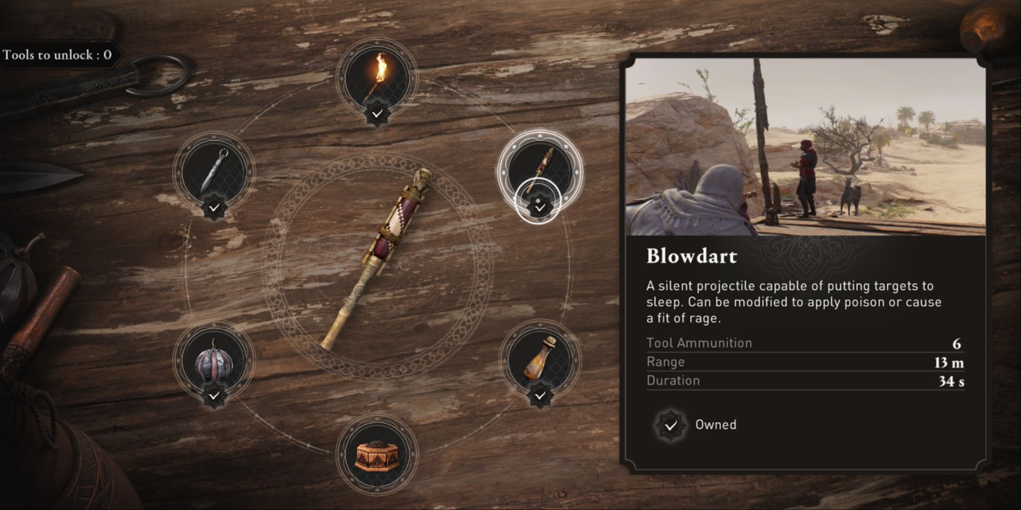 The Blowdart tool in the center of the wheel from the merchant menu in AC Mirage, with the graphic and item description for it.