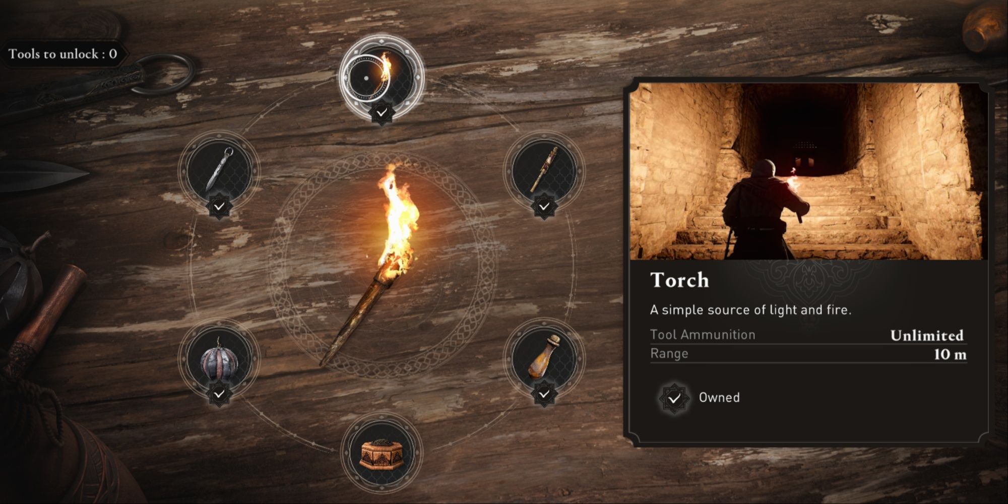 The torch tool in the center of the wheel from the merchant menu in AC Mirage, with the graphic and item description for it.