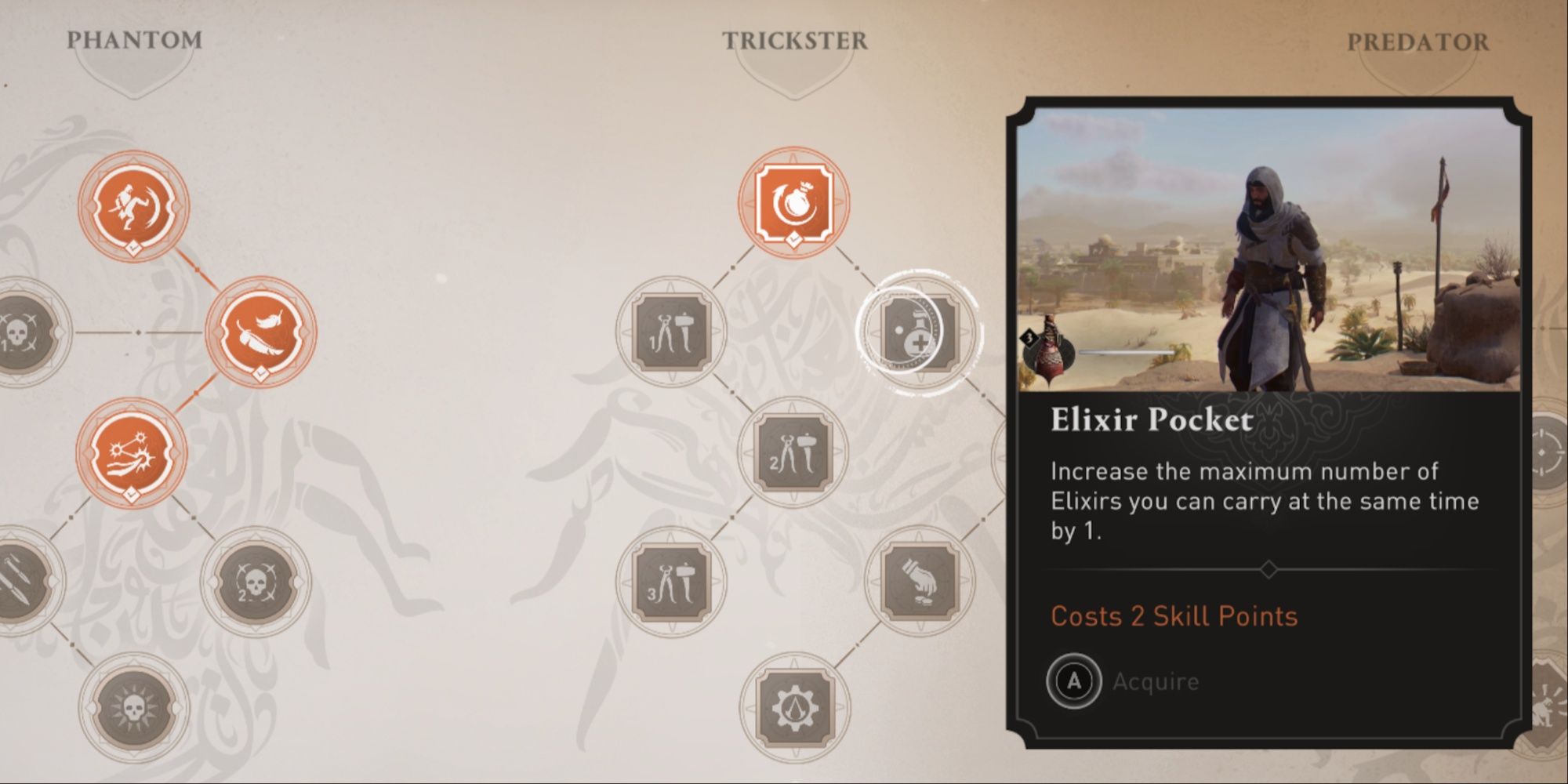The demonstration of the Elixir Pocket skill from the Trickster branch in the skill menu in AC Mirage.