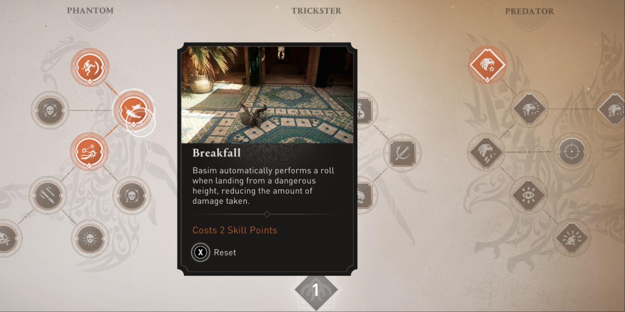 Basim on the ground from the Breakfall skill description in the skill menu in AC Mirage.