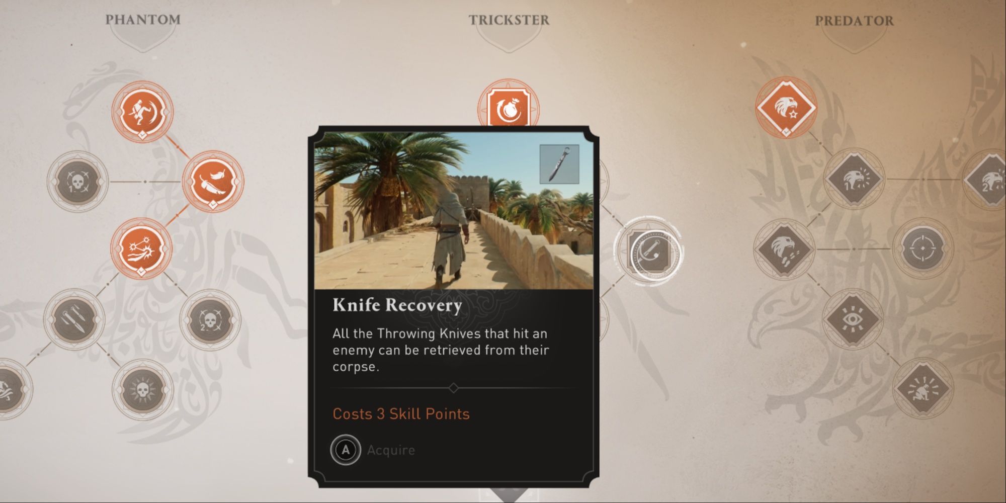 The tutorial description for the Knife Recovery skill from the Trickster branch of the skill menu in Assassin's Creed.