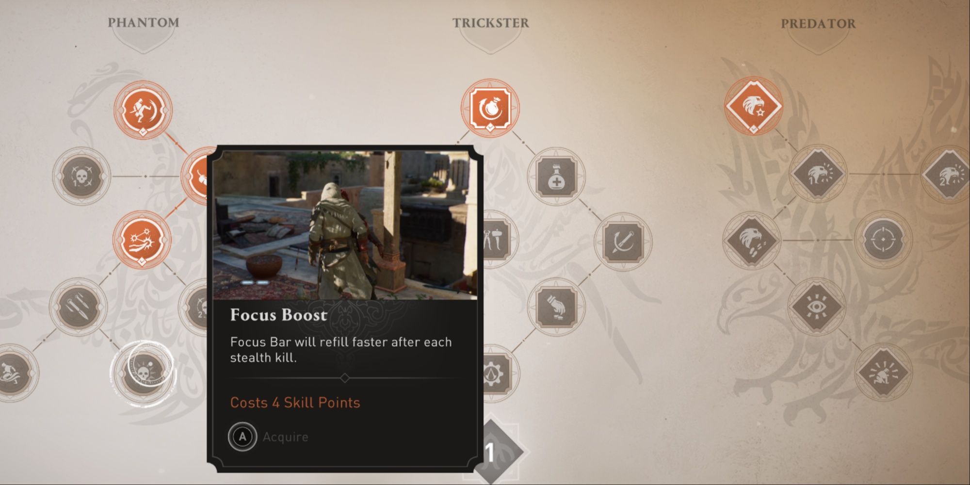 The Focus Boost skill in the Phantom branch of the skill tree menu in AC Mirage.