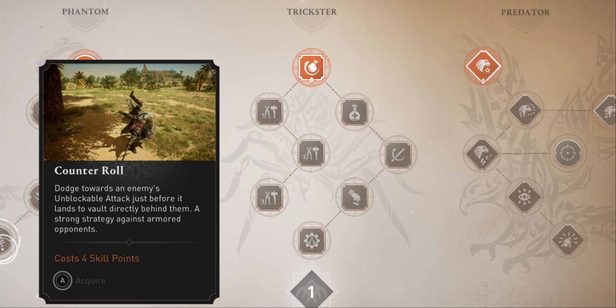 The tutorial description for the Counter Roll Skill in the Phantom Branch of the skill tree in Assassin's Creed Mirage.