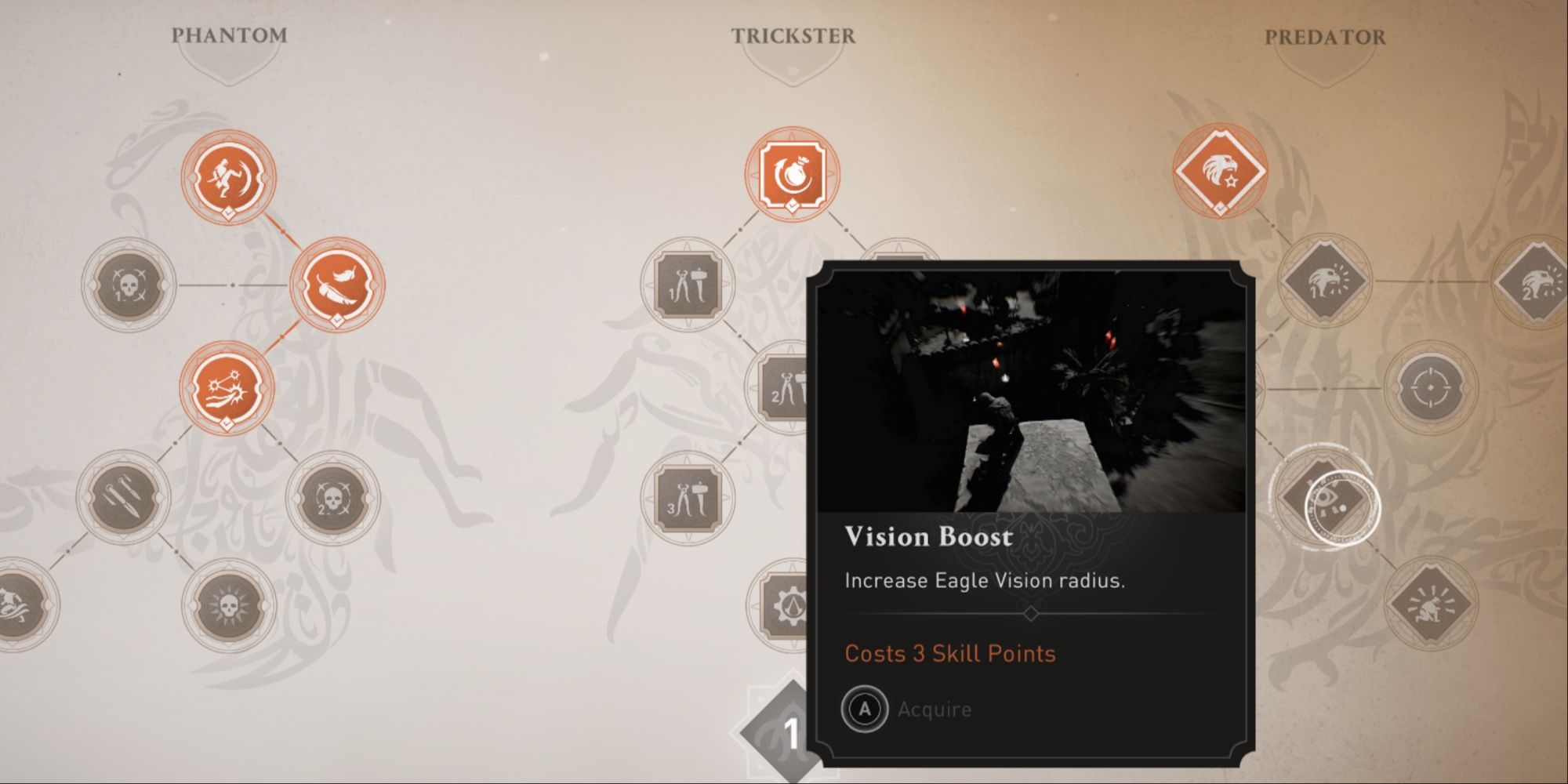 The Vision Boost skill information from the Predator Tree in the skill menu in AC Mirage.
