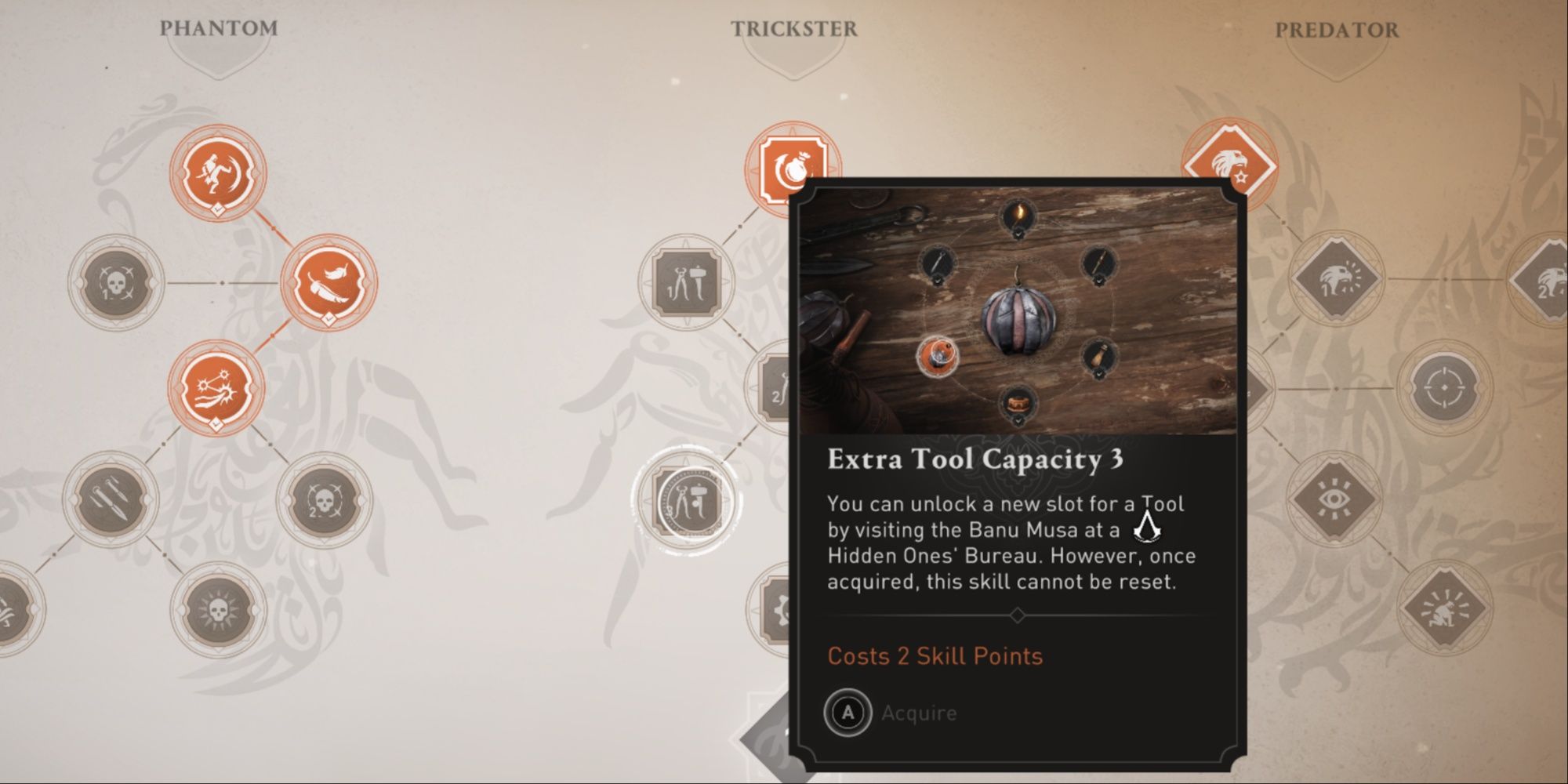 The tutorial description for the Extra Tool Capacity 3 skill in the Trickster branch of the skill tree in AC Mirage.