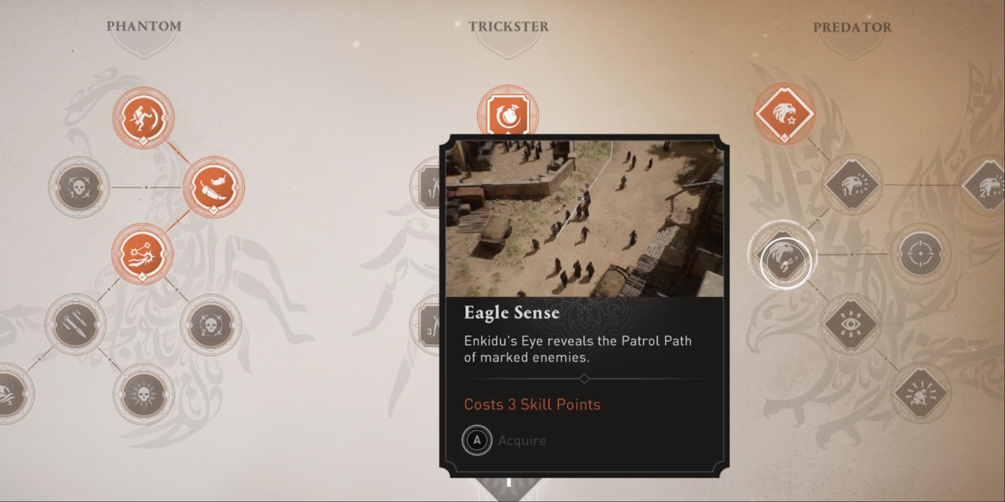 The tutorial description for Eagle Sense from the Predator branch of the skill tree in AC Mirage.