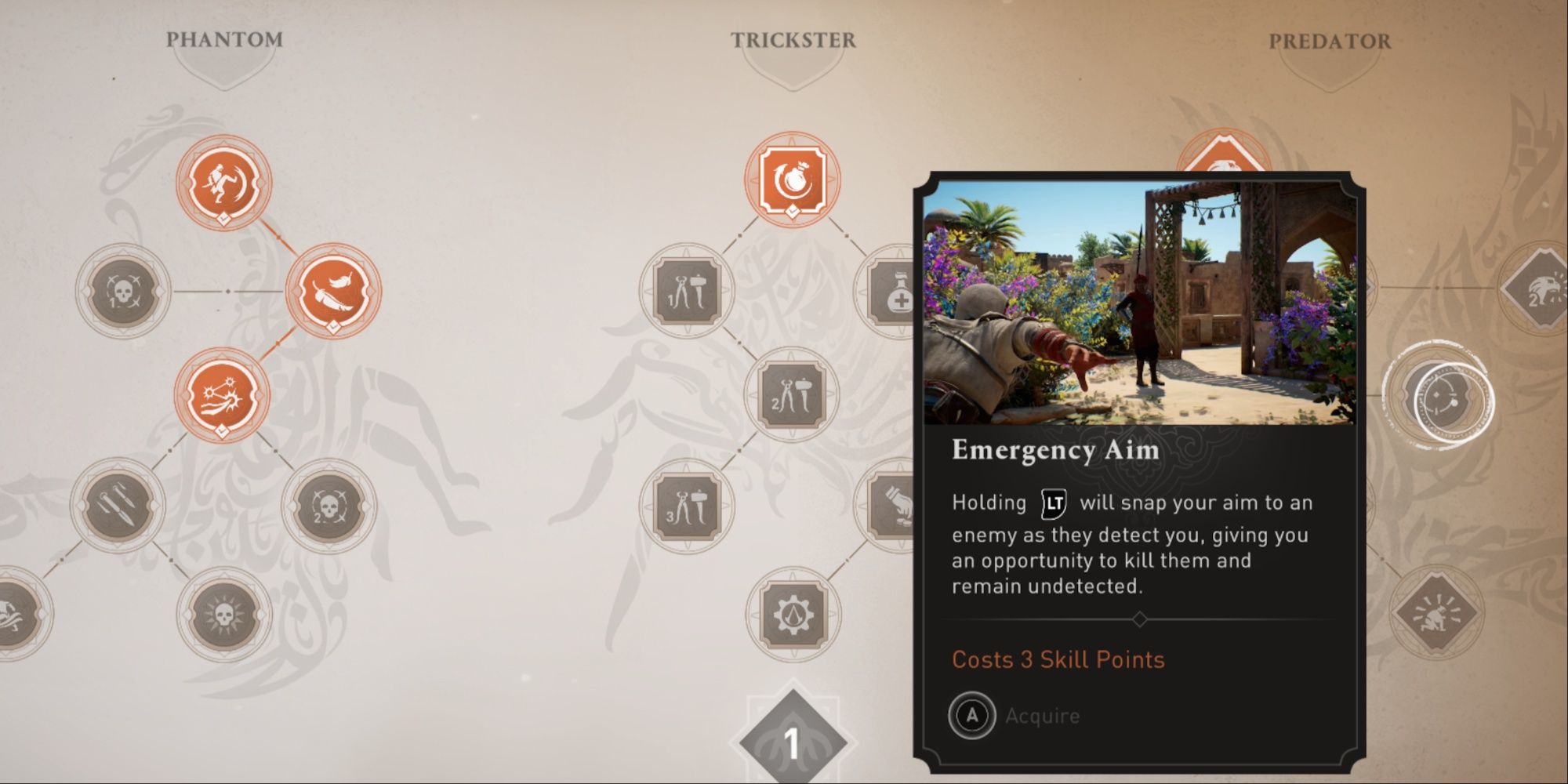 The tutorial description for the Emergency Aim skill from the Predator branch of the skill tree in AC Mirage.