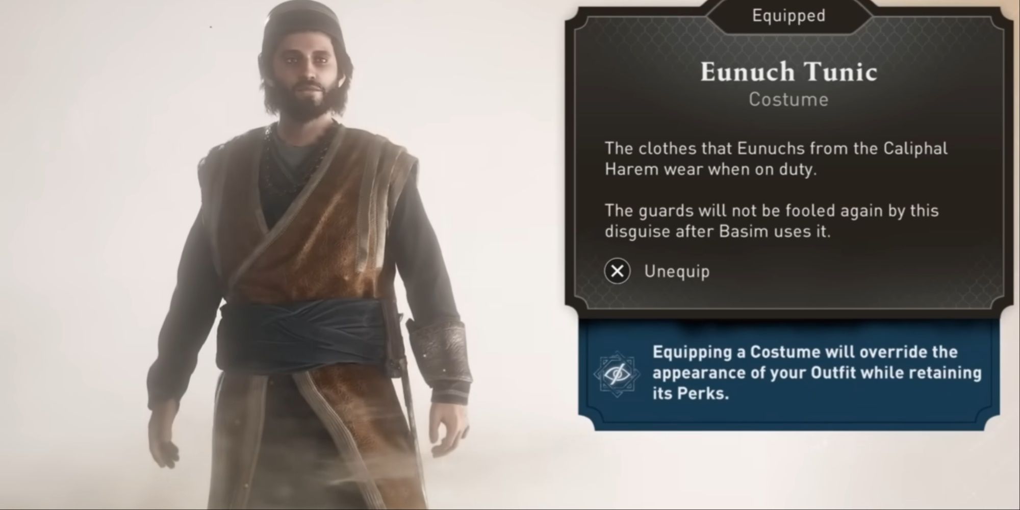 Basim in the Eunich Tunic from the costume menu in the game, with the description visible.