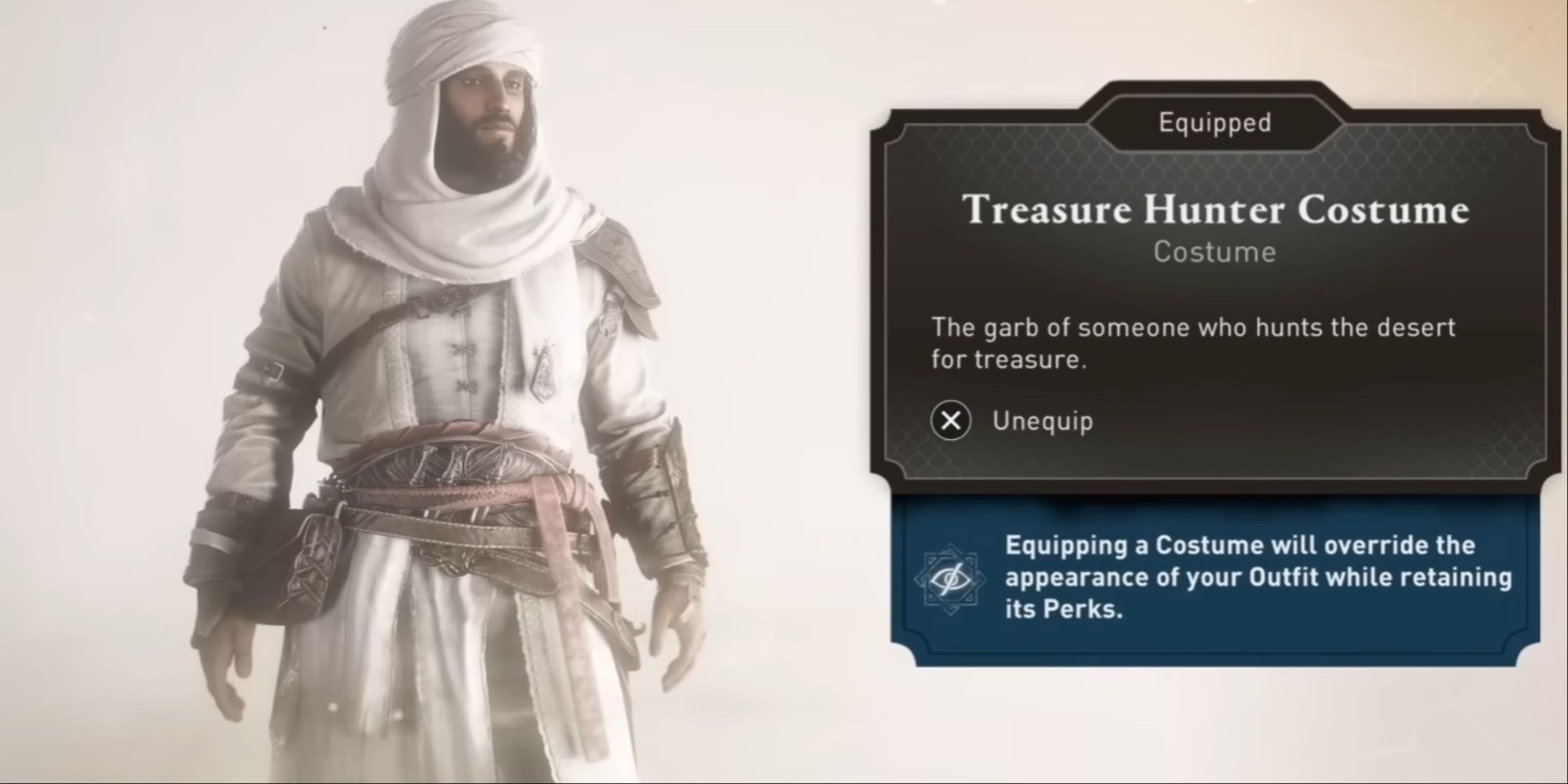 Basim in the Treasure Hunter costume from the menu, with the description displayed.