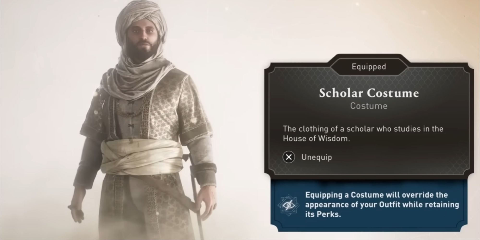 Basim in the olive green gold Scholar Costume design from the menu, with the description displayed.
