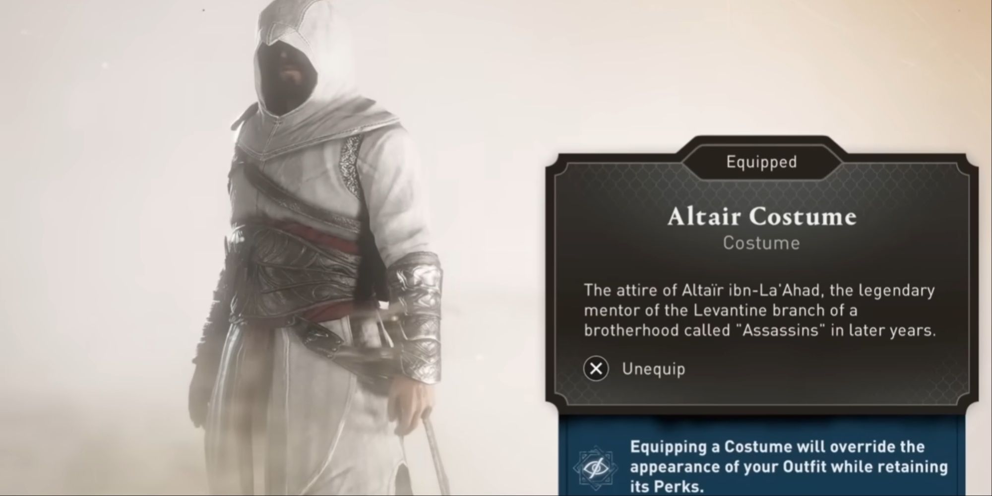 Basim in the Altair costume from the menu, with the description displayed.