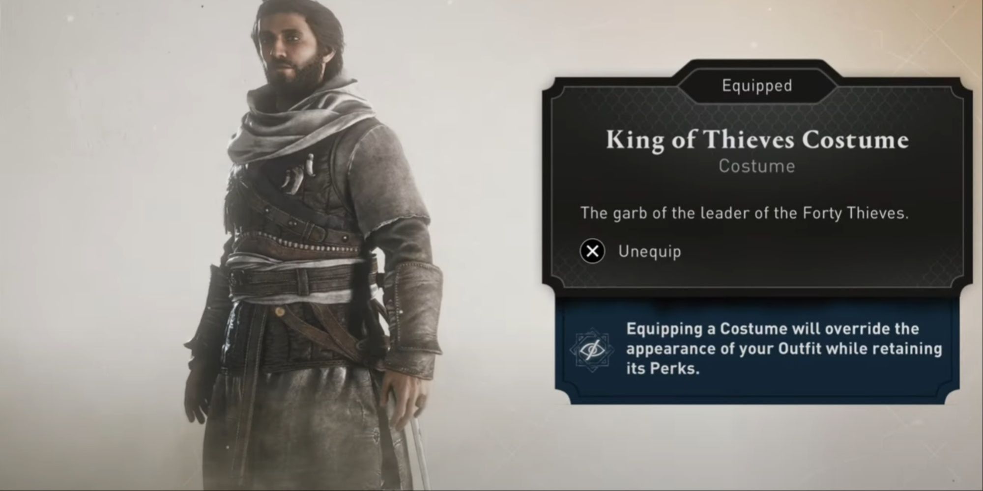 Basim in the King of Thieves costume from the menu, with the description displayed.