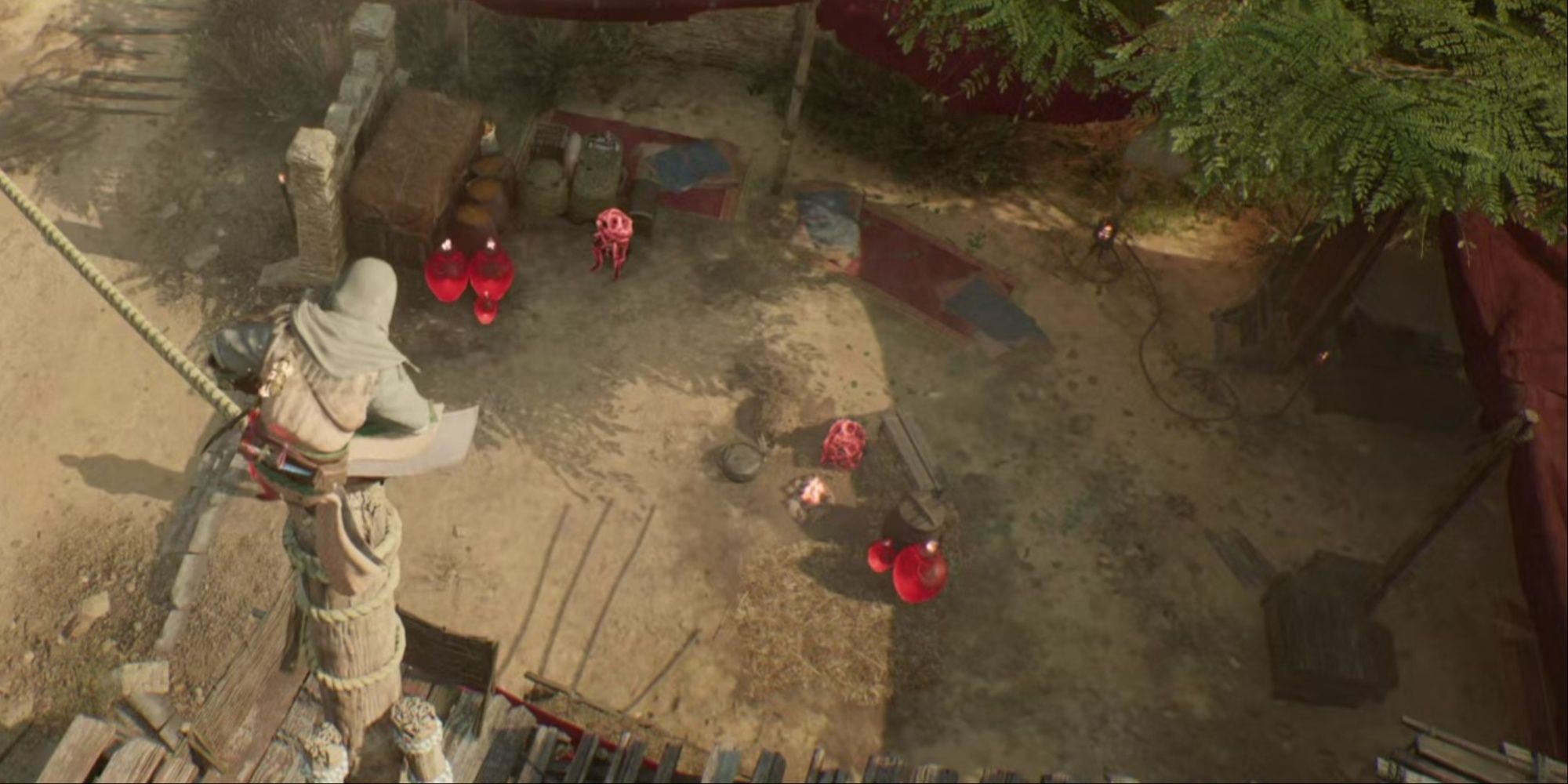 Oil jars with fire from their tops surrounding a group of guards while Basim is perched on a rope.