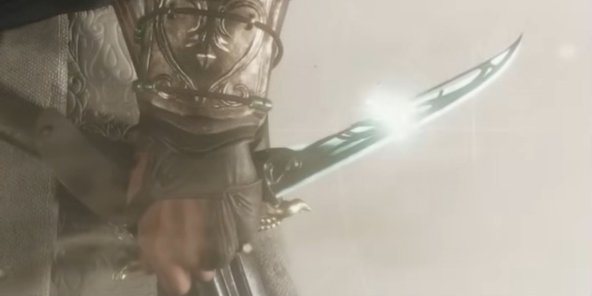A close-up of Basim holding the Lightning Dagger from the selection menu in AC Mirage's inventory.
